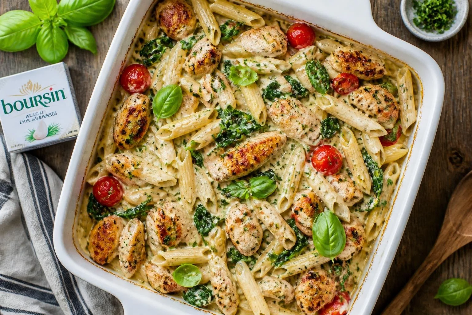 Pasta Boursin met kip en spinazie