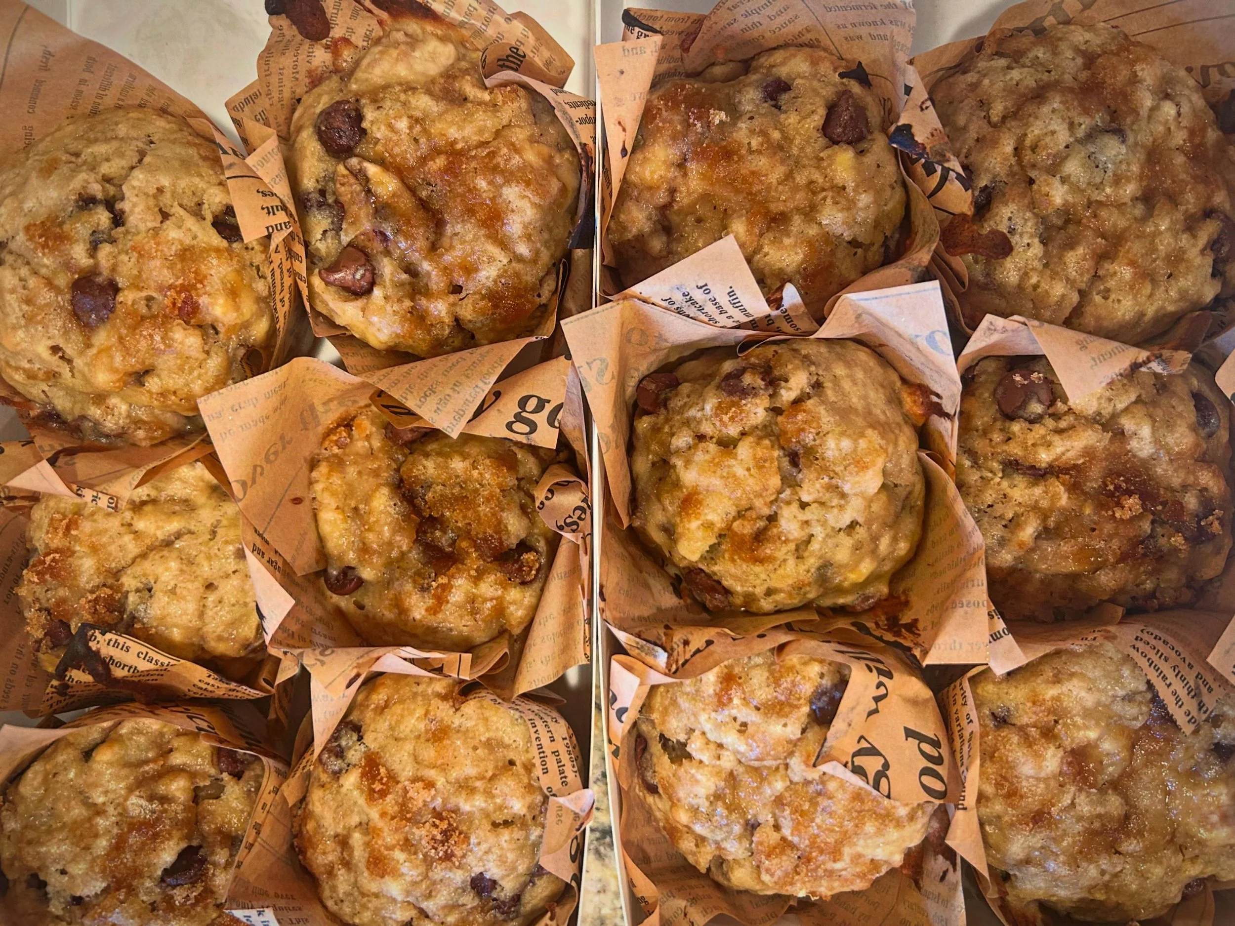 Half Dozen. Sourdough Banana Chocolate Chip Muffins