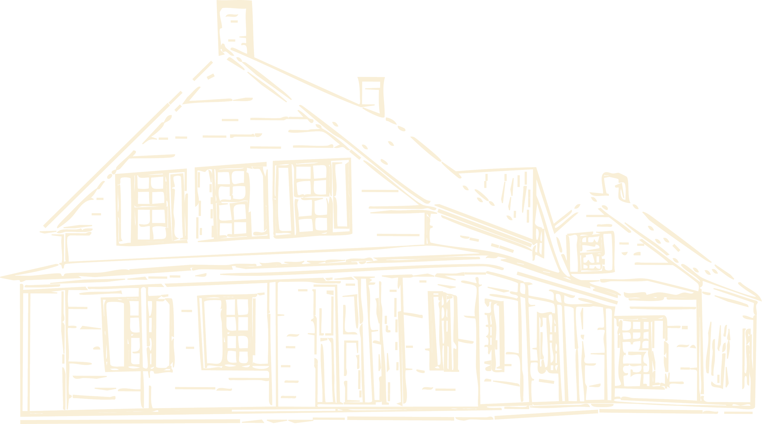 Outline drawing of a house with multiple windows, a steep roof, and a chimney.