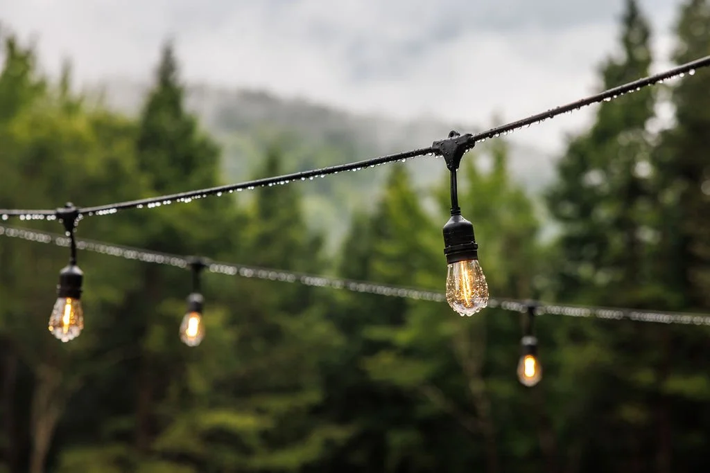 String of outdoor string lights with dewdrops hanging against a blurred background of trees and mountains.