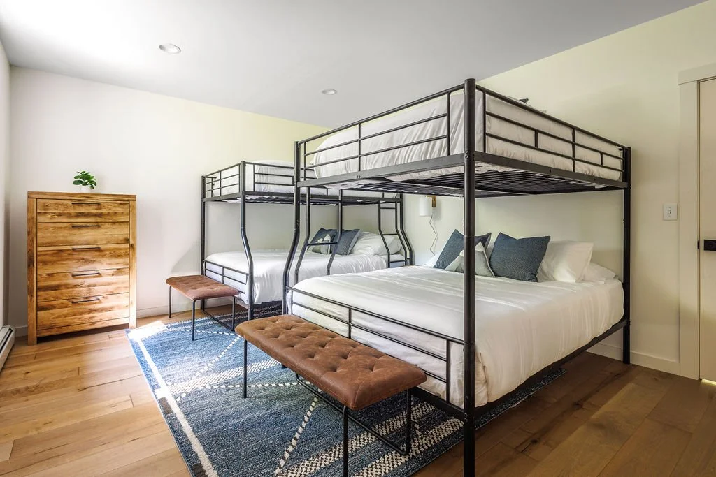 Room with two beds on a black metal bunk bed frame, a wooden dresser with a small plant, a blue rug, and natural light.