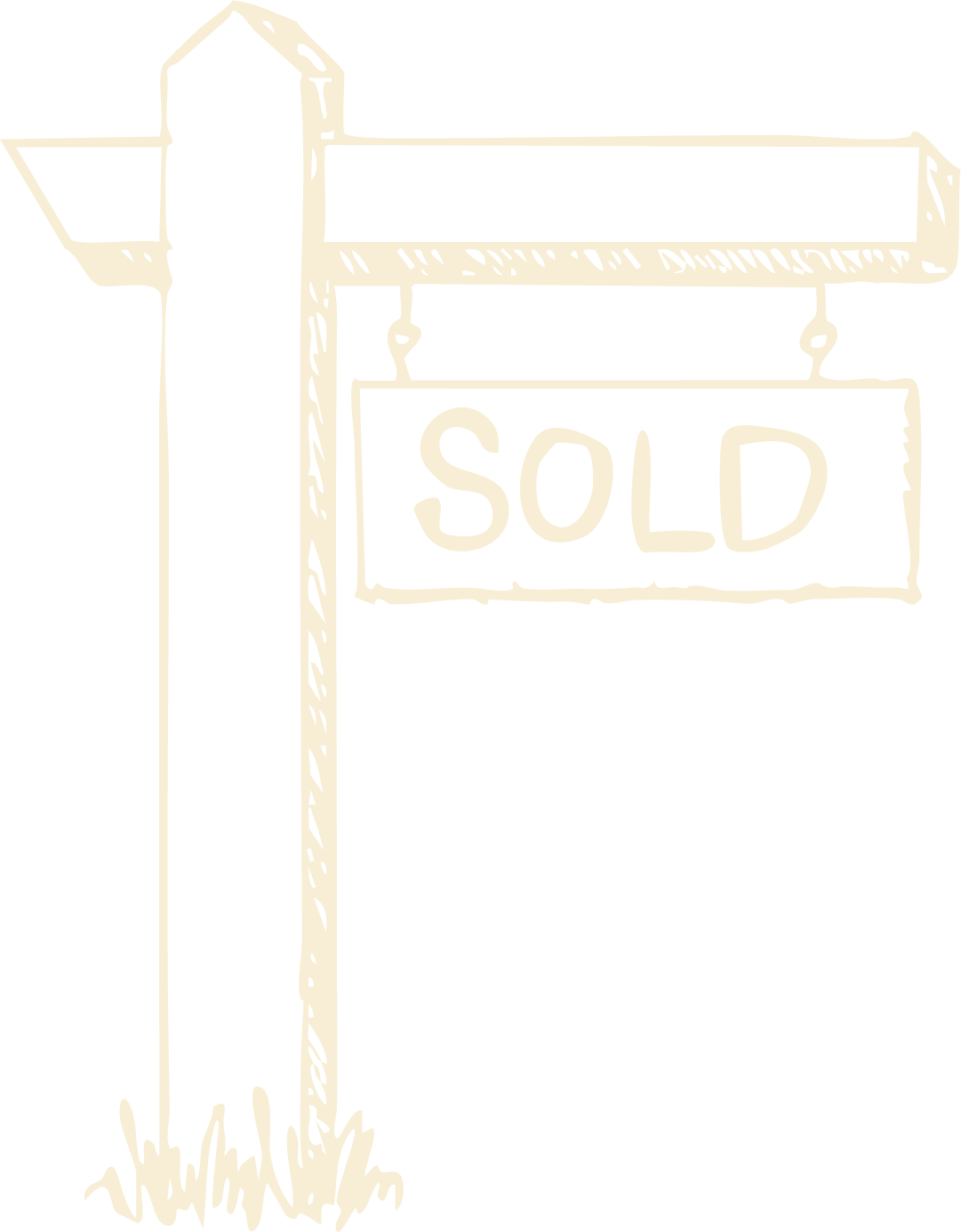 A black-and-white illustration of a signpost with a horizontal sign reading 'SOLD' hanging from it.