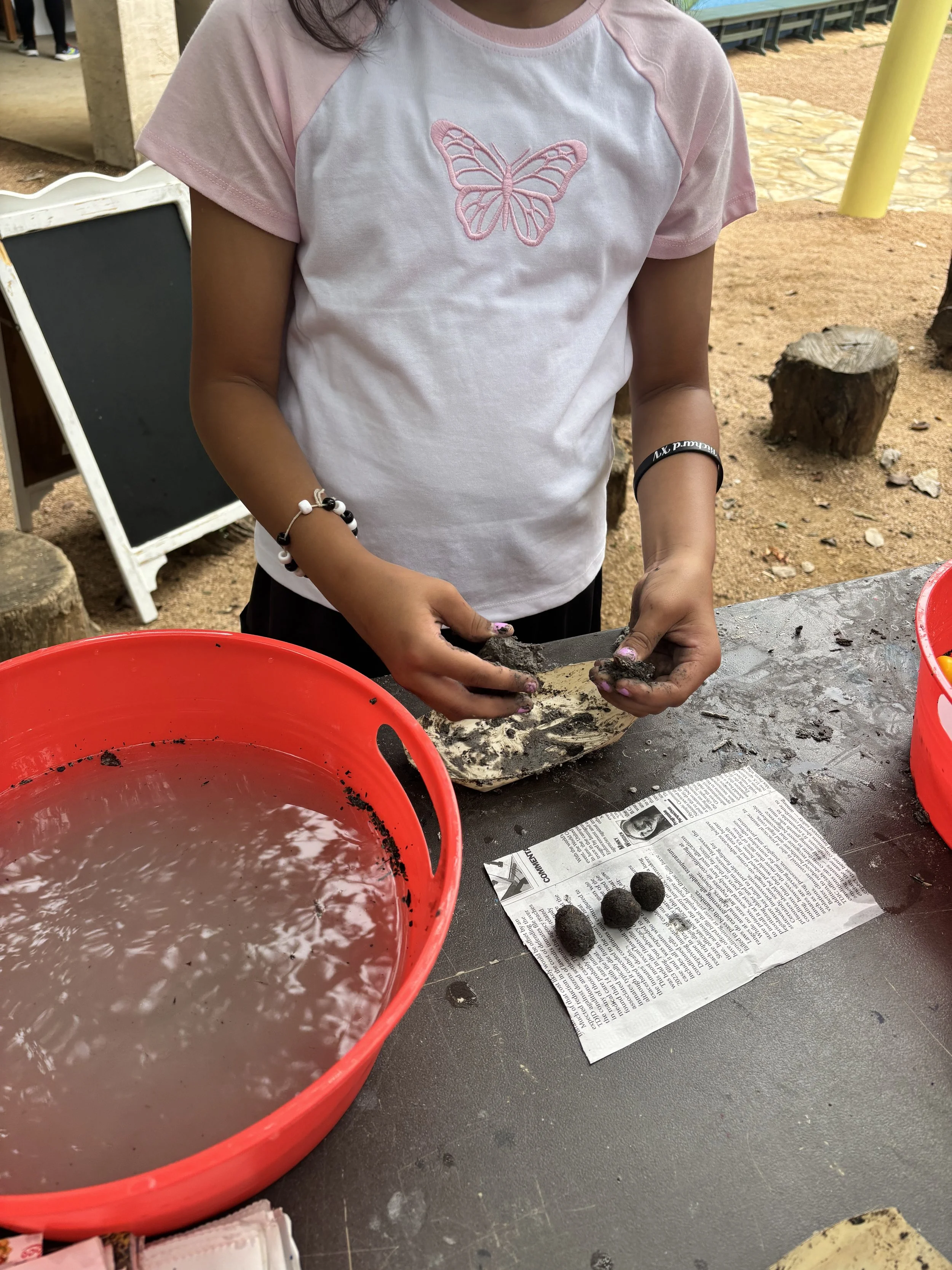 A person working with soil or clay at an outdoor table, with a large red basin filled with water or mud in front of them, and some small round seed pods, on a newspaper on the table.
