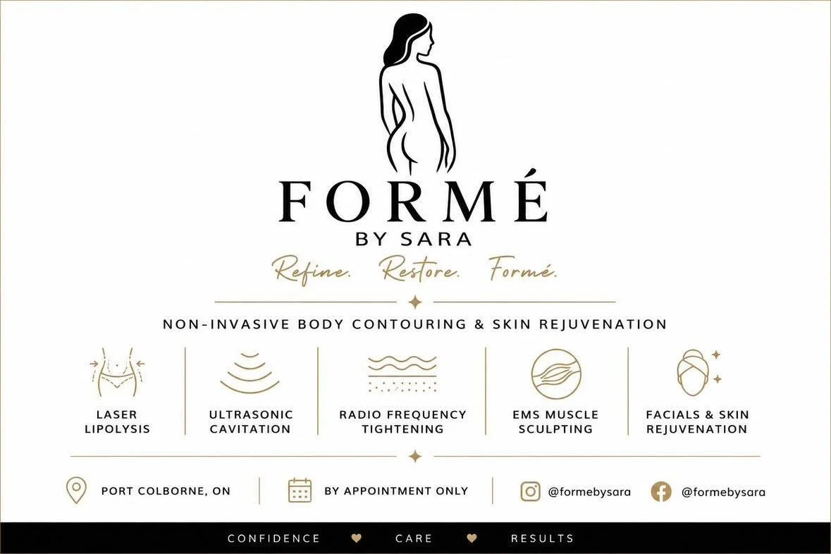 Formé by Sara, a non-invasive body contouring and skin rejuvenation clinic, featuring services like laser lipolysis, ultrasonic cavitation, radio frequency tightening, EMS muscle sculpting, and facials and skin rejuvenation