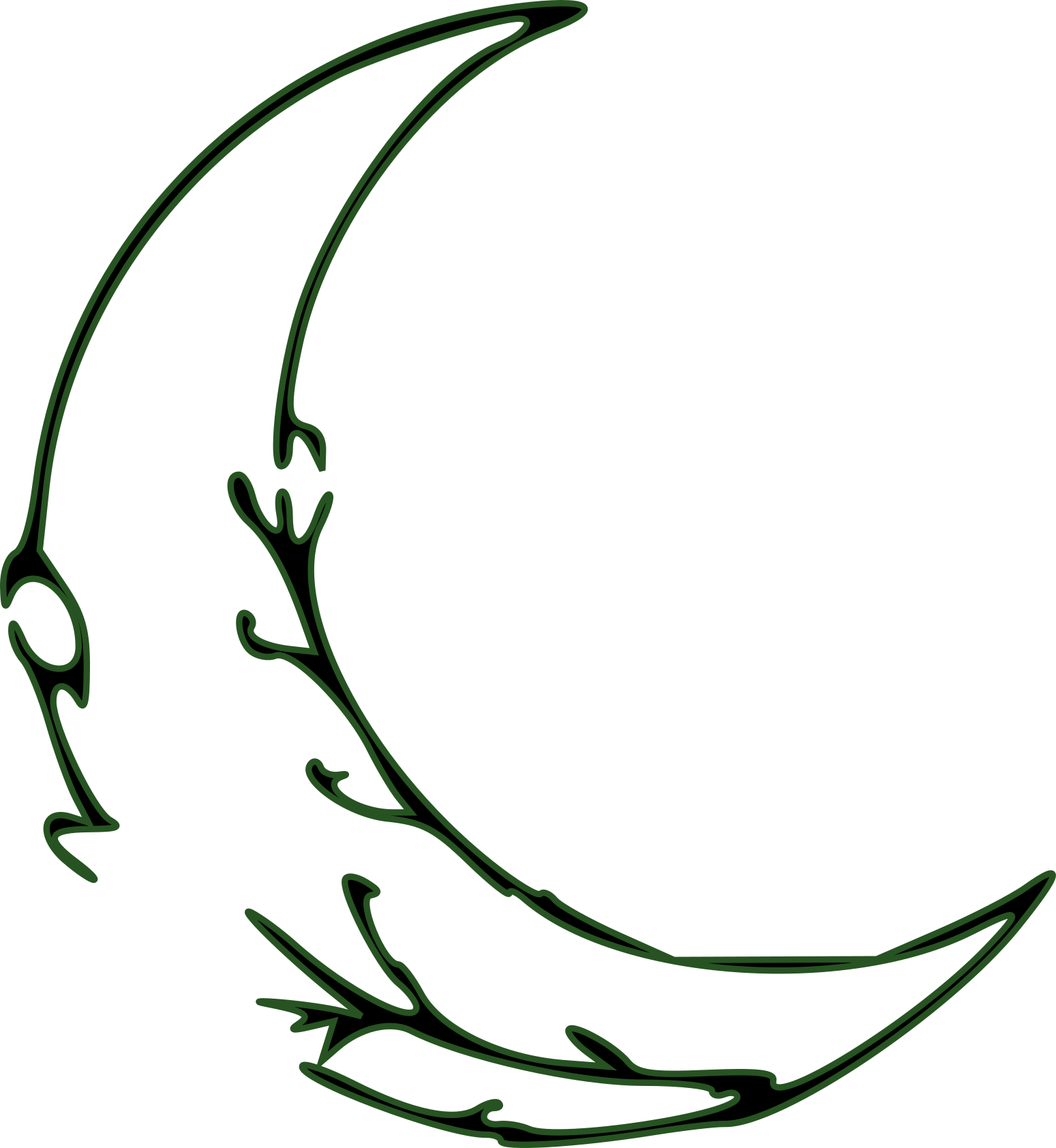 A stylized, minimalist illustration of a crescent moon with dragon wings, claws, and tail, outlined in black on a transparent background.