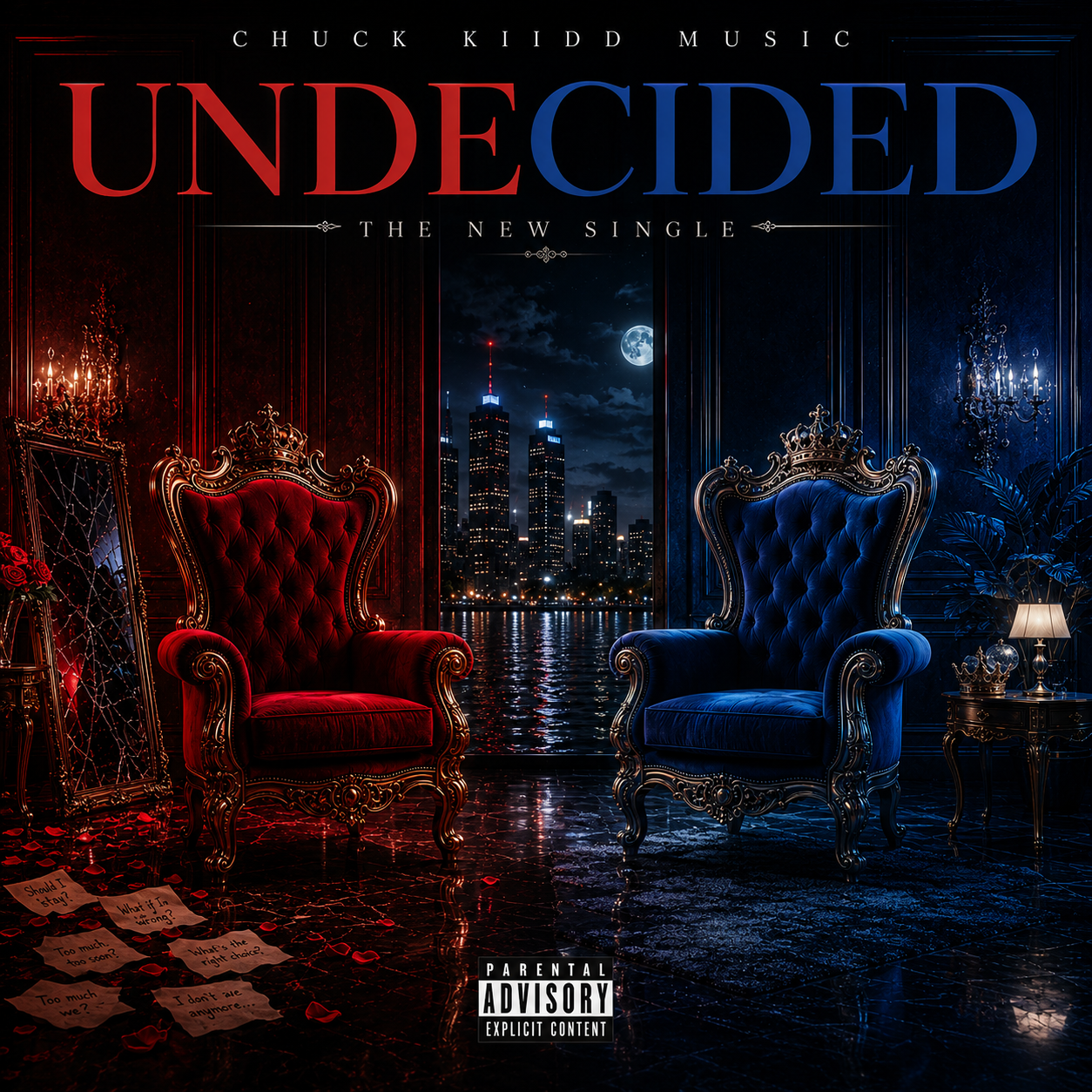 Album cover for Chuck Kiidd Music's 'Undecided' featuring a luxurious room with red and blue velvet chairs, ornate gold furniture, a chandelier, and a city skyline at night with a full moon.