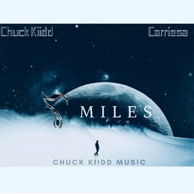 Cover art for Chuck Kiidd music album titled '7 Miles' featuring a snowy landscape with a person walking toward a large moon in the night sky.