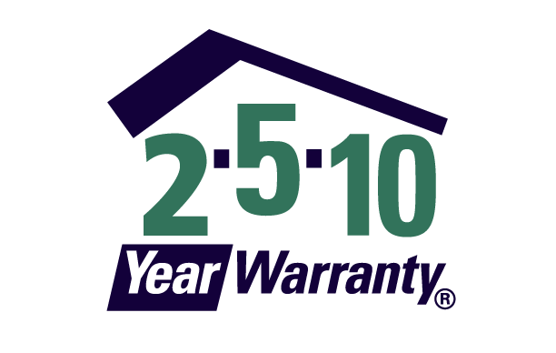 A logo with a house roof shape and text that reads '25 10 Year Warranty' in green and purple.