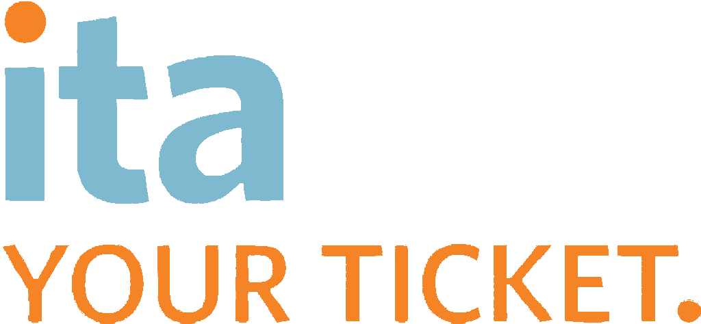 Logo with the text "it a YOUR TICKET" in a stylized font, with "it a" in light blue and "YOUR TICKET" in orange.