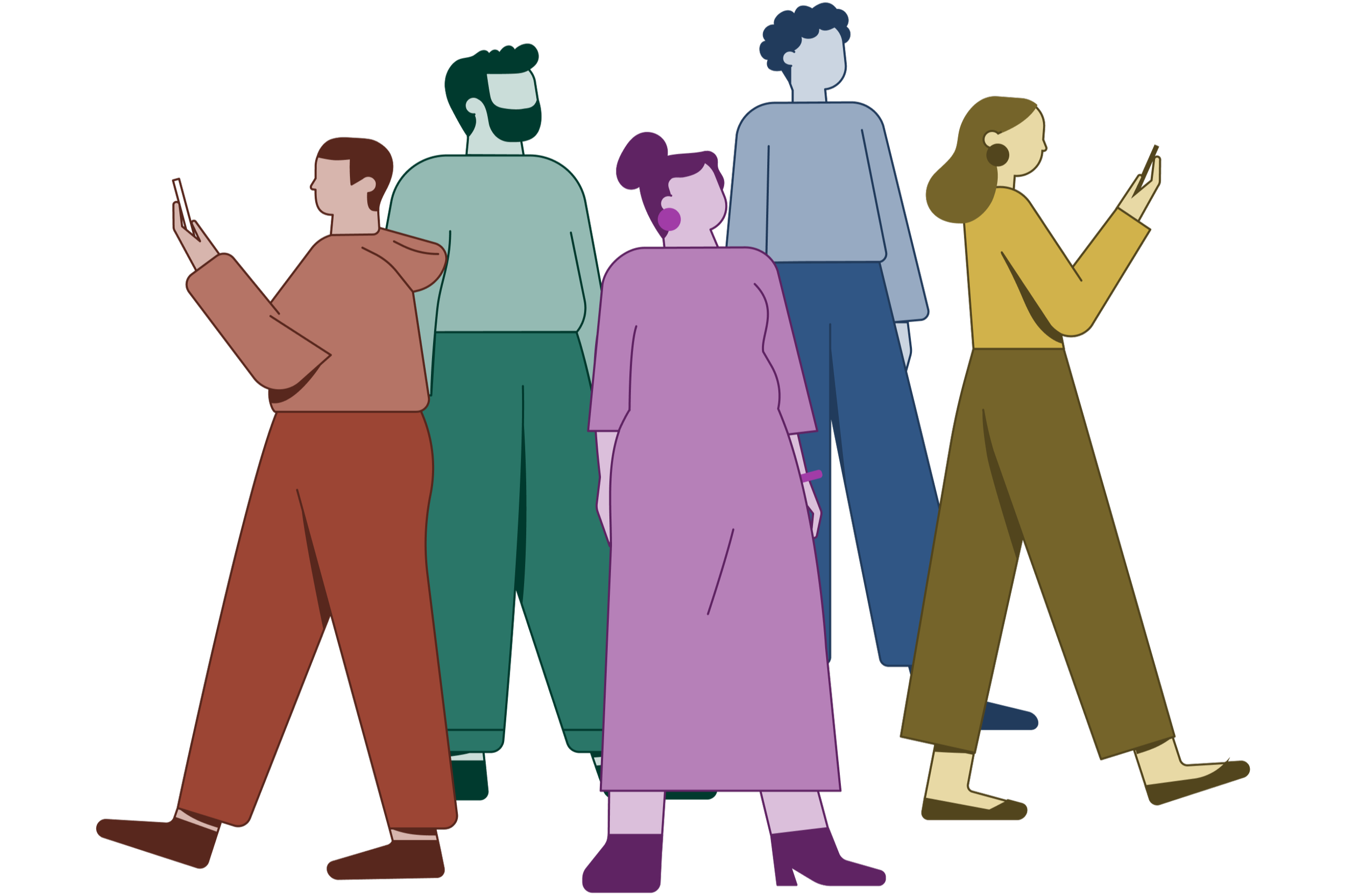 Five diverse people walking while looking at their phones.