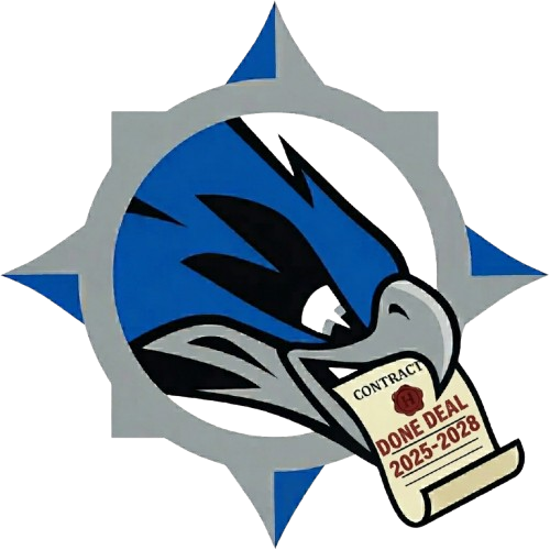 An emblem featuring a blue and black bird with a white beak, holding a contract labeled "DONE DEAL 2025-2028" in its beak, surrounded by a circular gray and blue border.