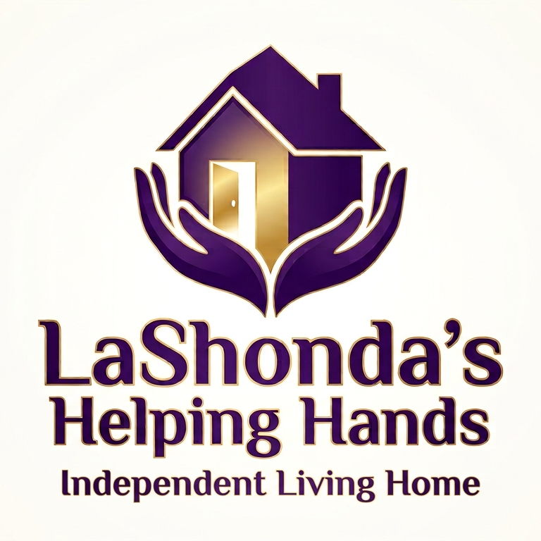 A logo for LaShonda's Helping Hands, an independent living home. The logo features a house with a door, surrounded by open hands, in purple and gold colors.