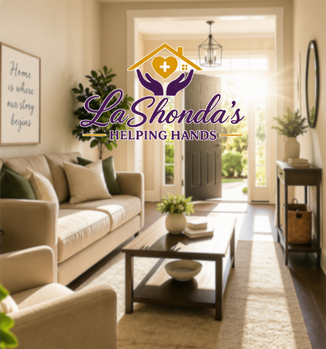 Logo for La Shonda's Helping Hands overlaying a well-lit living room with a beige sofa, green and beige pillows, a coffee table with a plant, and a door leading outside, with a framed quote on the wall that reads, "Home is where our story begins."