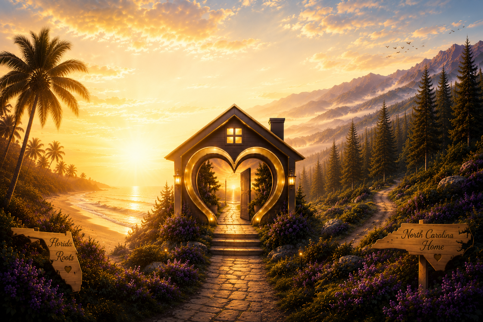 A decorative house-shaped structure with heart-shaped lights and an open door, situated on a cobblestone path surrounded by flowers, leading to a sunset by the ocean with palm trees and mountains in the background.