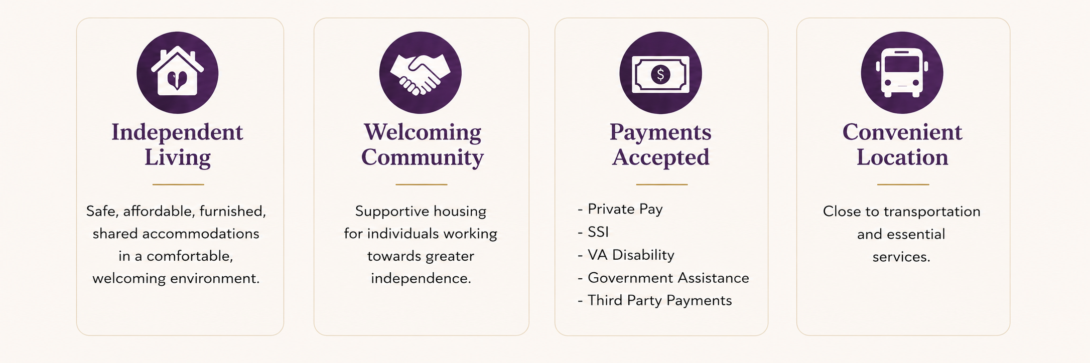 Information panel with four sections about independent living, welcoming community, payment options, and convenient location, each with icons representing a house, handshake, money, and bus respectively.