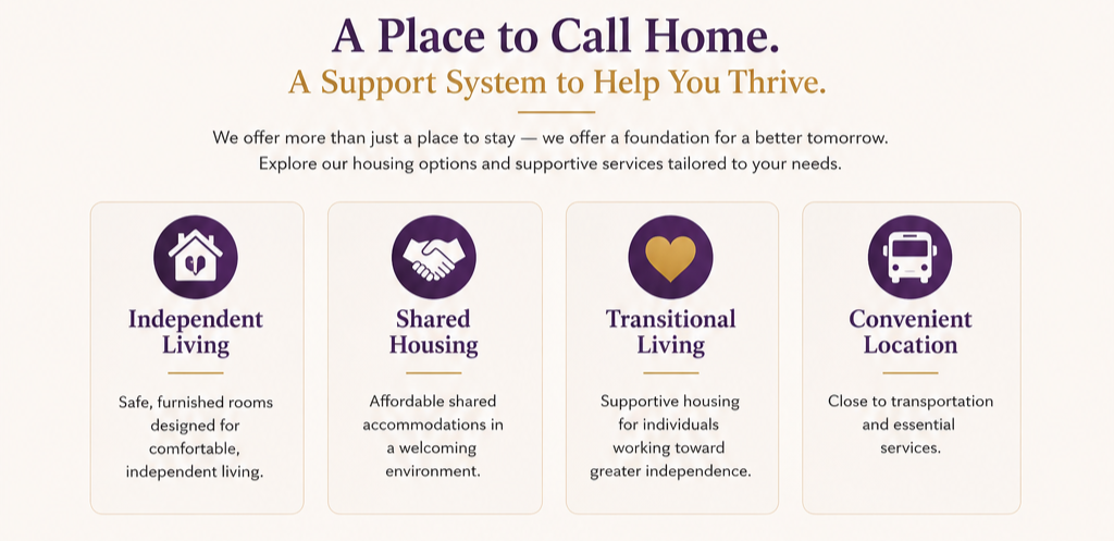 Webpage titled "A Place to Call Home" with the subtitle "A Support System to Help You Thrive." Describes housing options including Independent Living, Shared Housing, Transitional Living, and Convenient Location, each with a brief description and icon.