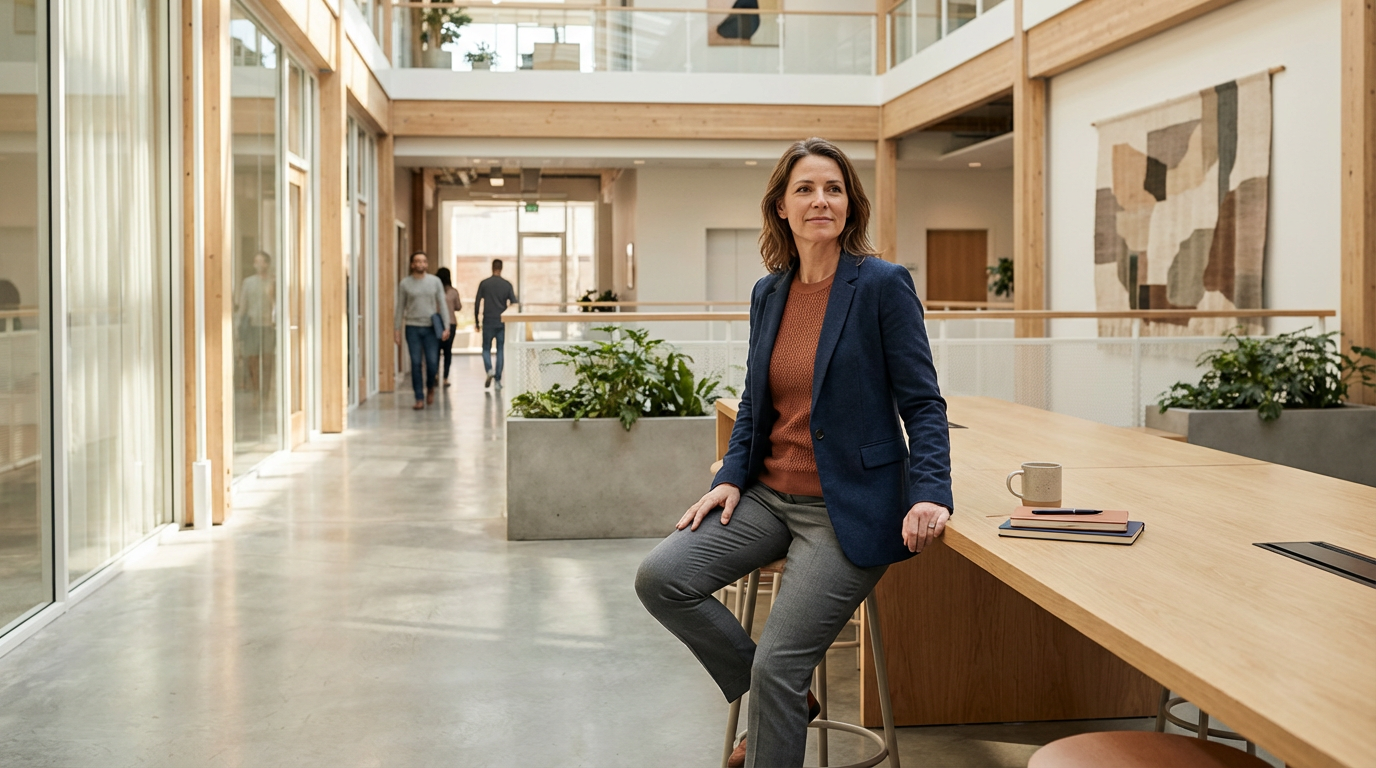A woman in a navy blazer and gray pants sitting on a high stool at a wooden counter in a modern office space with large windows and a bright, open design.