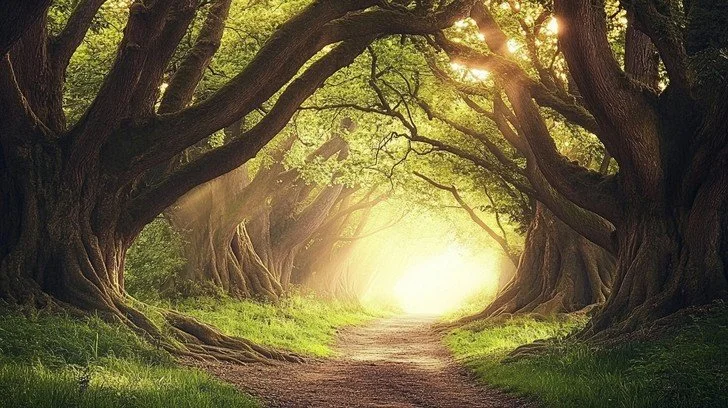A forest scene with a dirt path running through a tunnel of large, twisting trees with green leaves, sunlight shining through the branches.