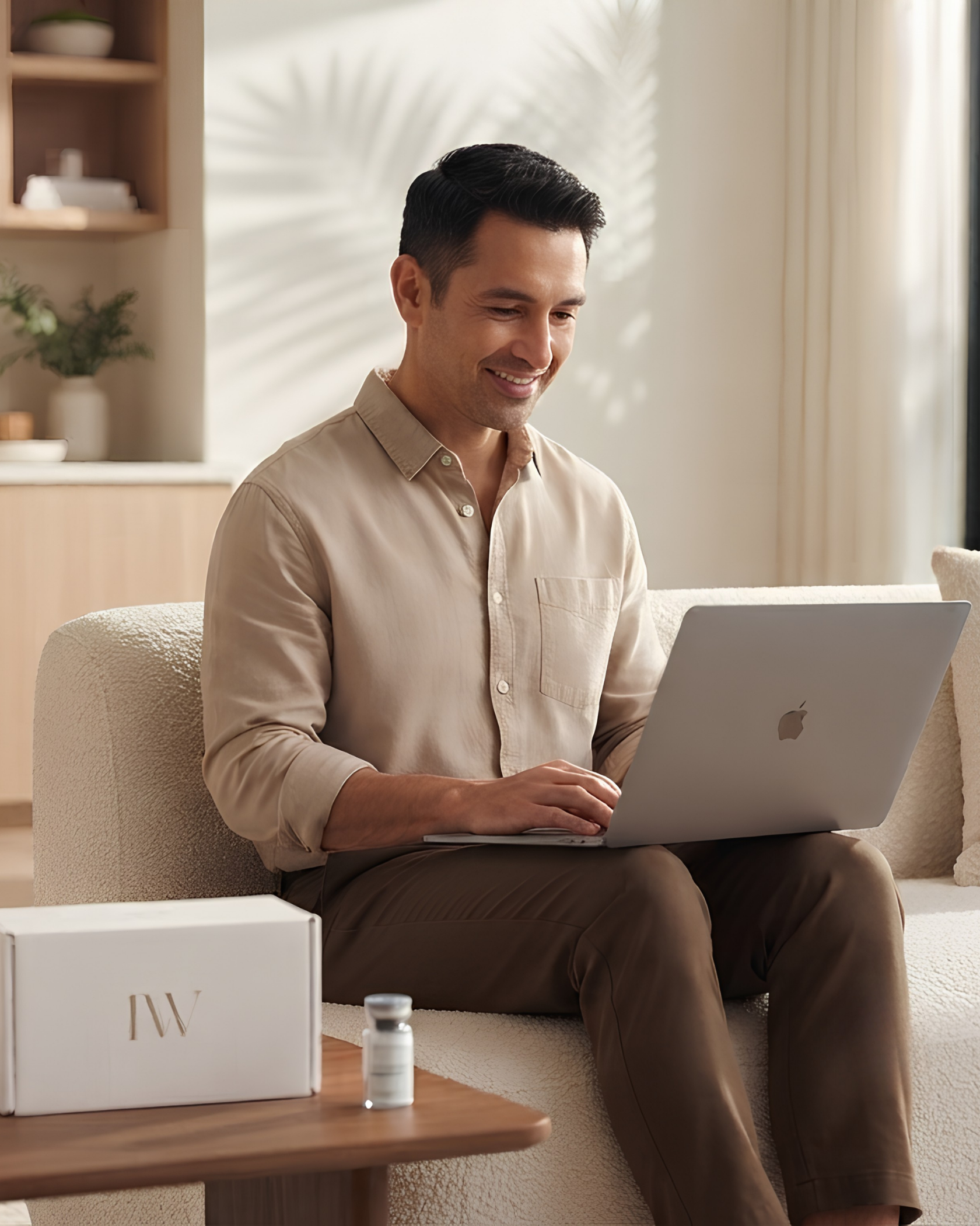 A smiling man wearing a beige button-down shirt sitting on a sofa and using a laptop, with an Improve Wellness branded package and a vial on the table in the foreground.