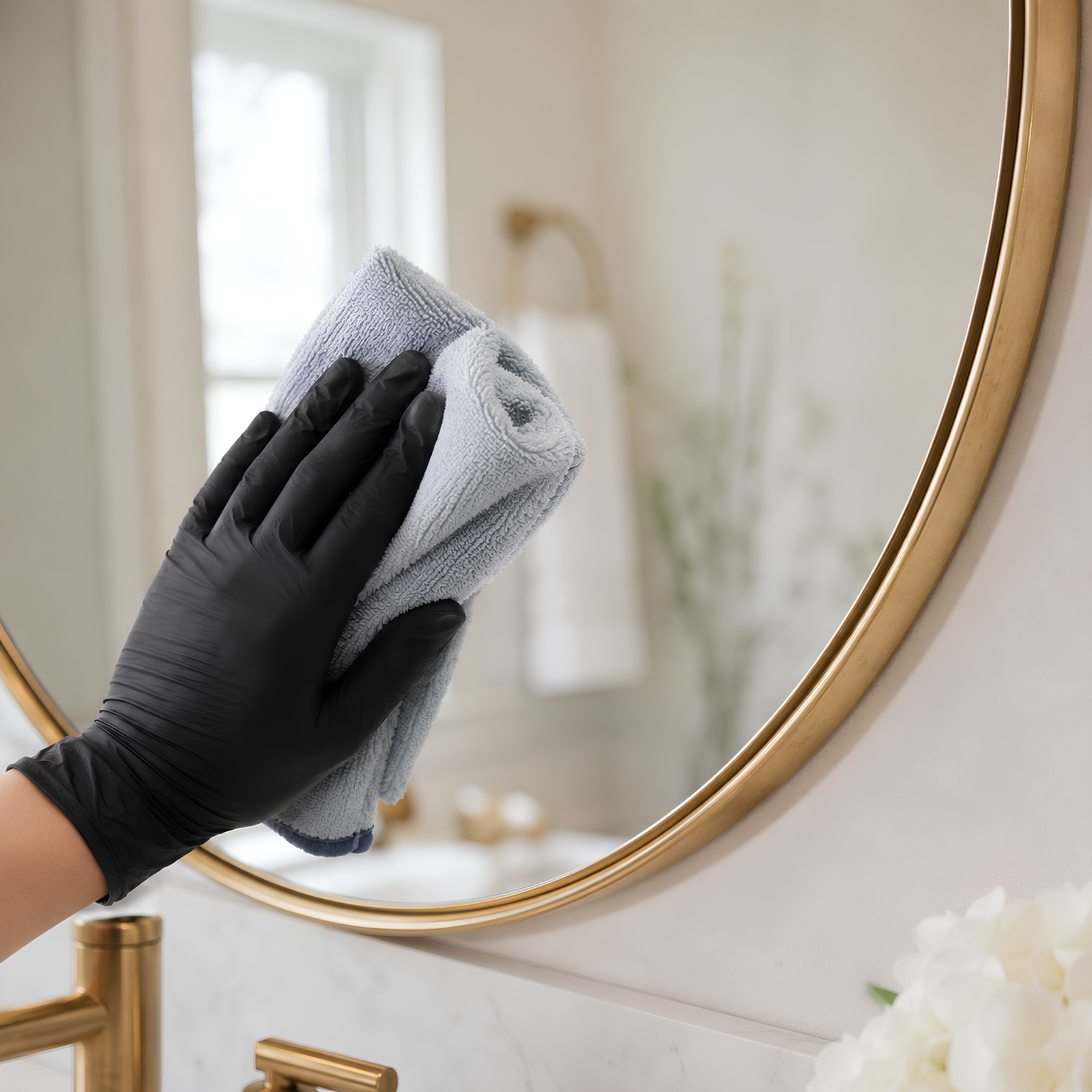 A person wearing black gloves cleaning a round mirror with a white cloth with a beige wall, window with curtains, and white flowers reflected in the mirror.