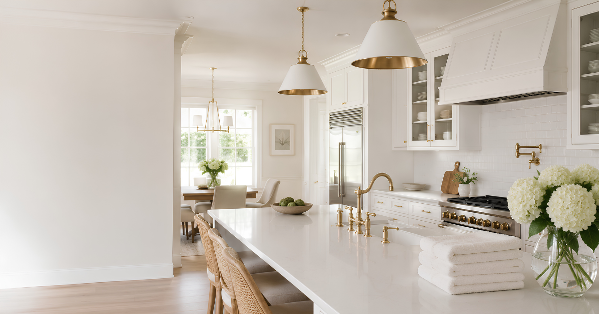 Bright white kitchen with gold fixtures, island with towels, dining area with table and chairs, large window with greenery outside, and elegant lighting fixtures.