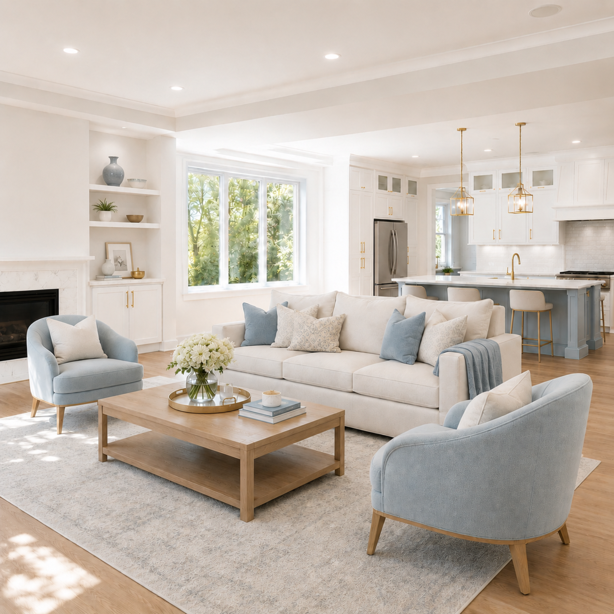 Living room with white sofas, a light wood coffee table, a fireplace, and a patterned area rug, with sunlight coming through large windows.