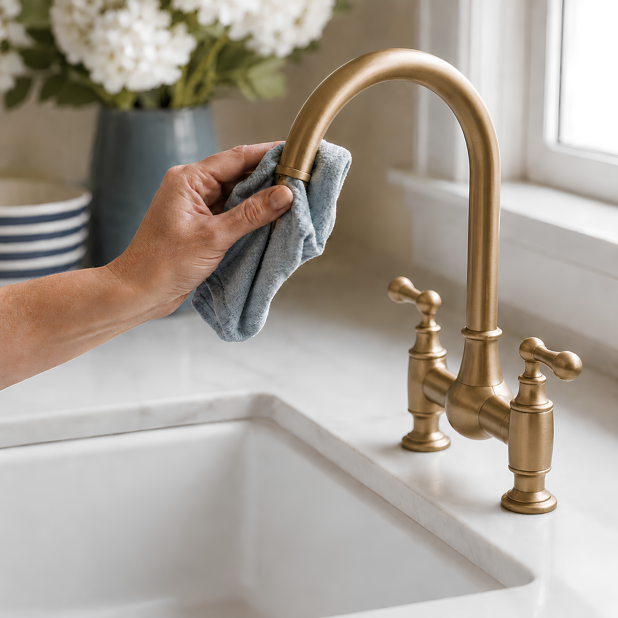 Person cleaning a gold kitchen faucet with a blue and gray patterned cloth in a bright kitchen with a white marble countertop, a large window, and a vase of white hydrangeas in the background.
