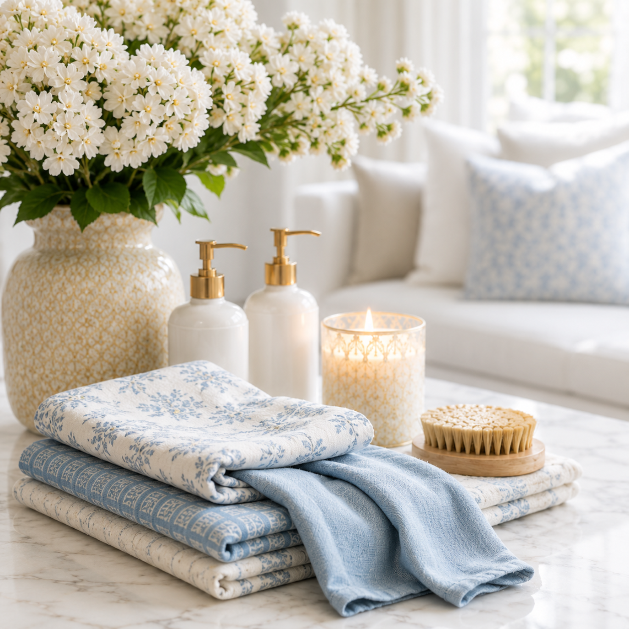 Stacked blue and white textiles with Buddhist symbols on a marble surface, with a tea light candle and a bamboo brush nearby, in front of a soft fabric backdrop.