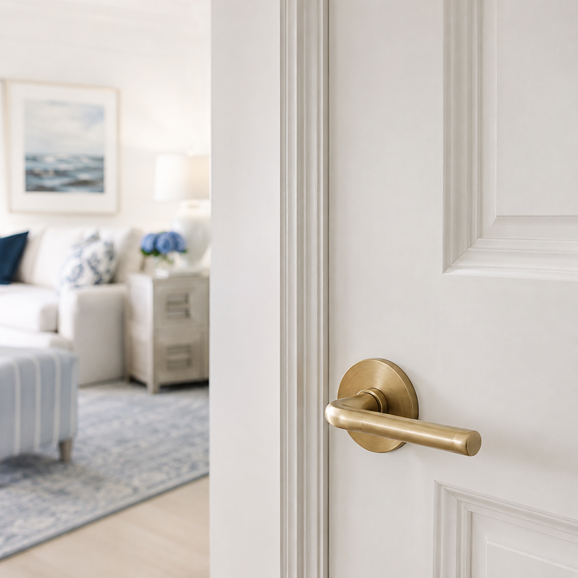 Close-up of a white door with brass door handle in a modern home interior, slightly open revealing part of a living room with a framed picture and a sofa with pillows.