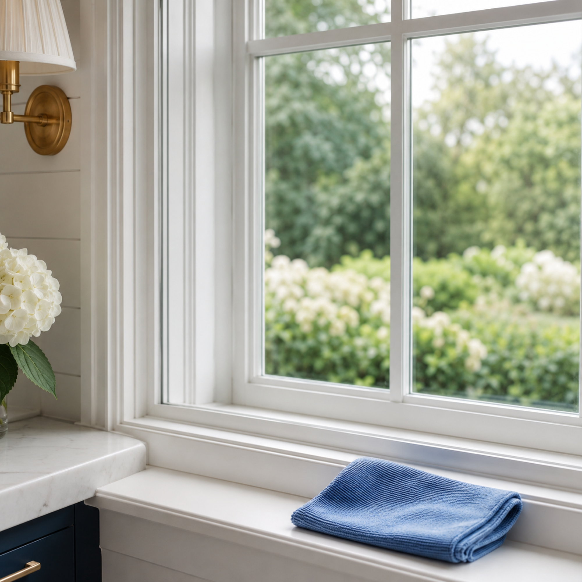 A white windowsill with a folded blue towel, a white marble countertop, a white hydrangea flower, and a brass wall-mounted lamp with a white lampshade, with a view of green trees through the window.