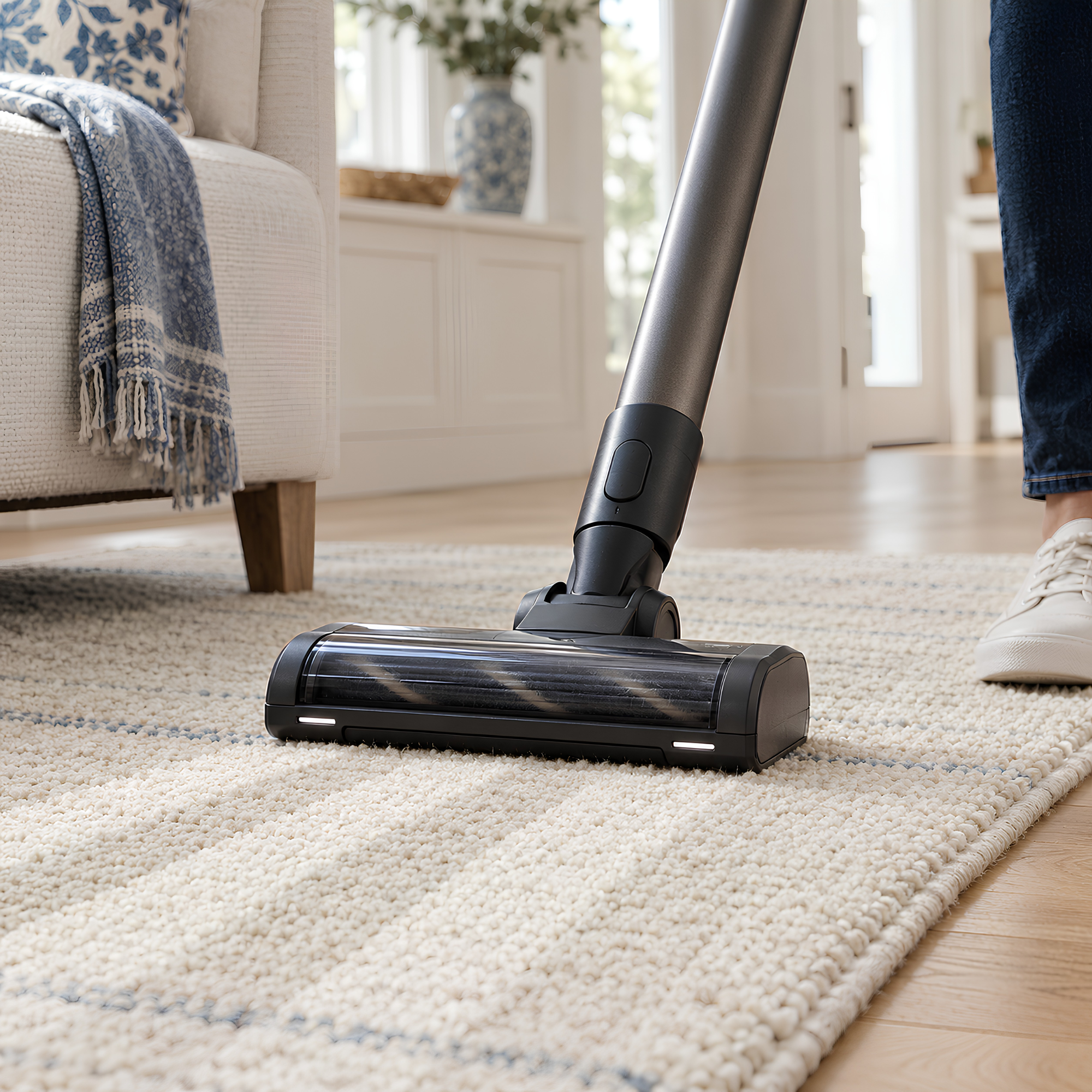 A person is vacuuming a plush beige and cream area rug in a well-lit room, with a cream-colored sofa with blue and white decorative pillows nearby, and a white cabinet with a blue and white vase and a tray in the background.