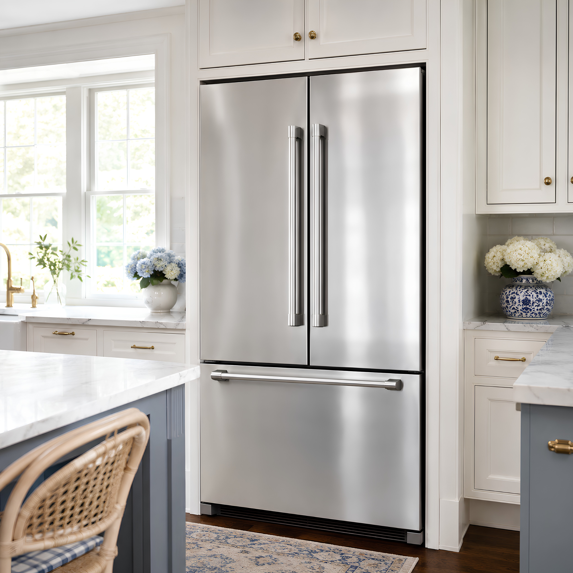 A kitchen with white cabinetry, large windows, a marble countertop, and a stainless steel refrigerator with double doors. There are woven chairs and a blue and white patterned vase with white flowers on the counter.