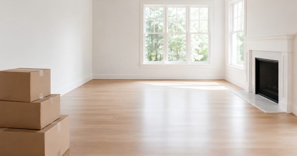 Empty living room with large windows, hardwood floors, fireplace, and three cardboard boxes stacked on the left.
