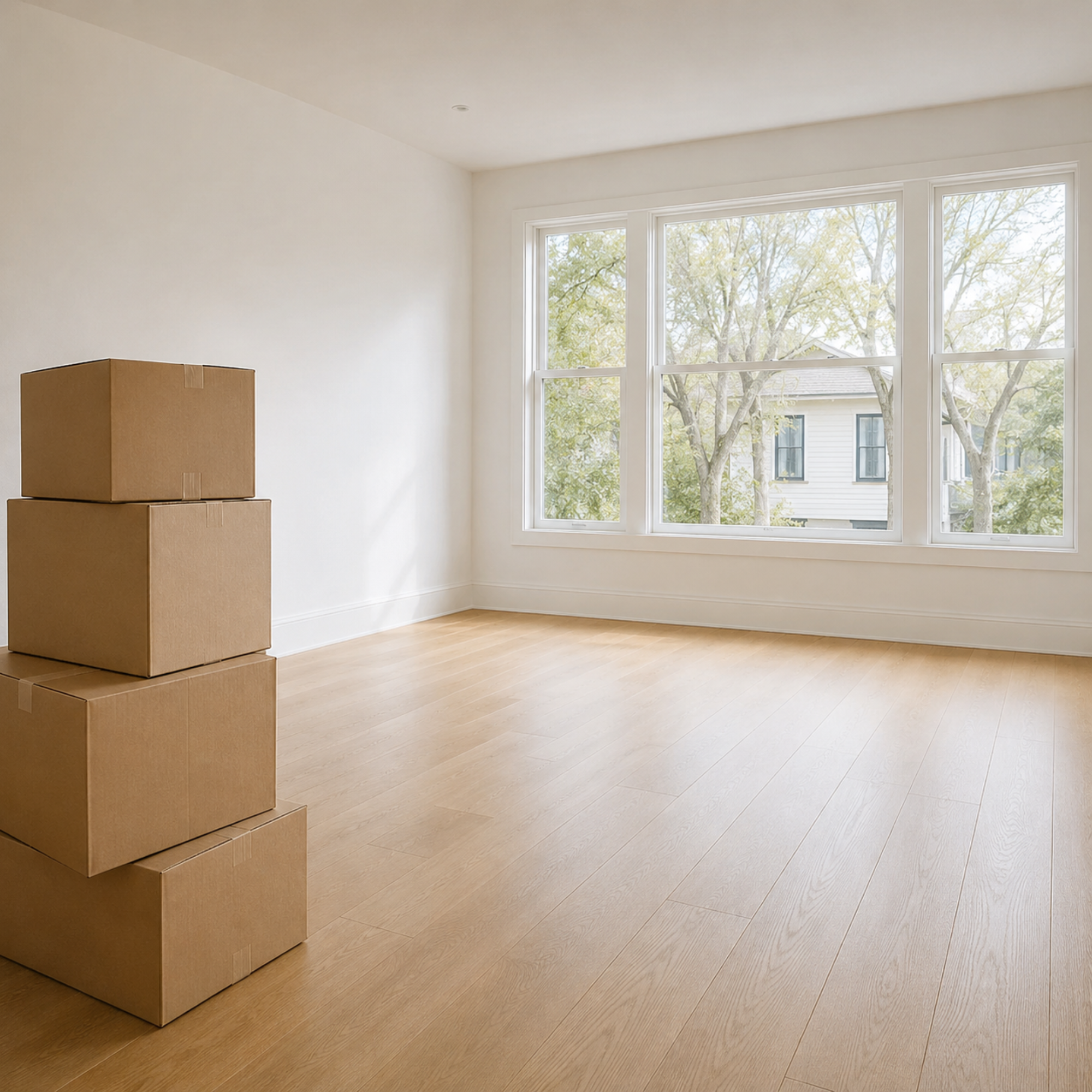 Empty living room with large window, hardwood floor, and stacked cardboard boxes in the corner.