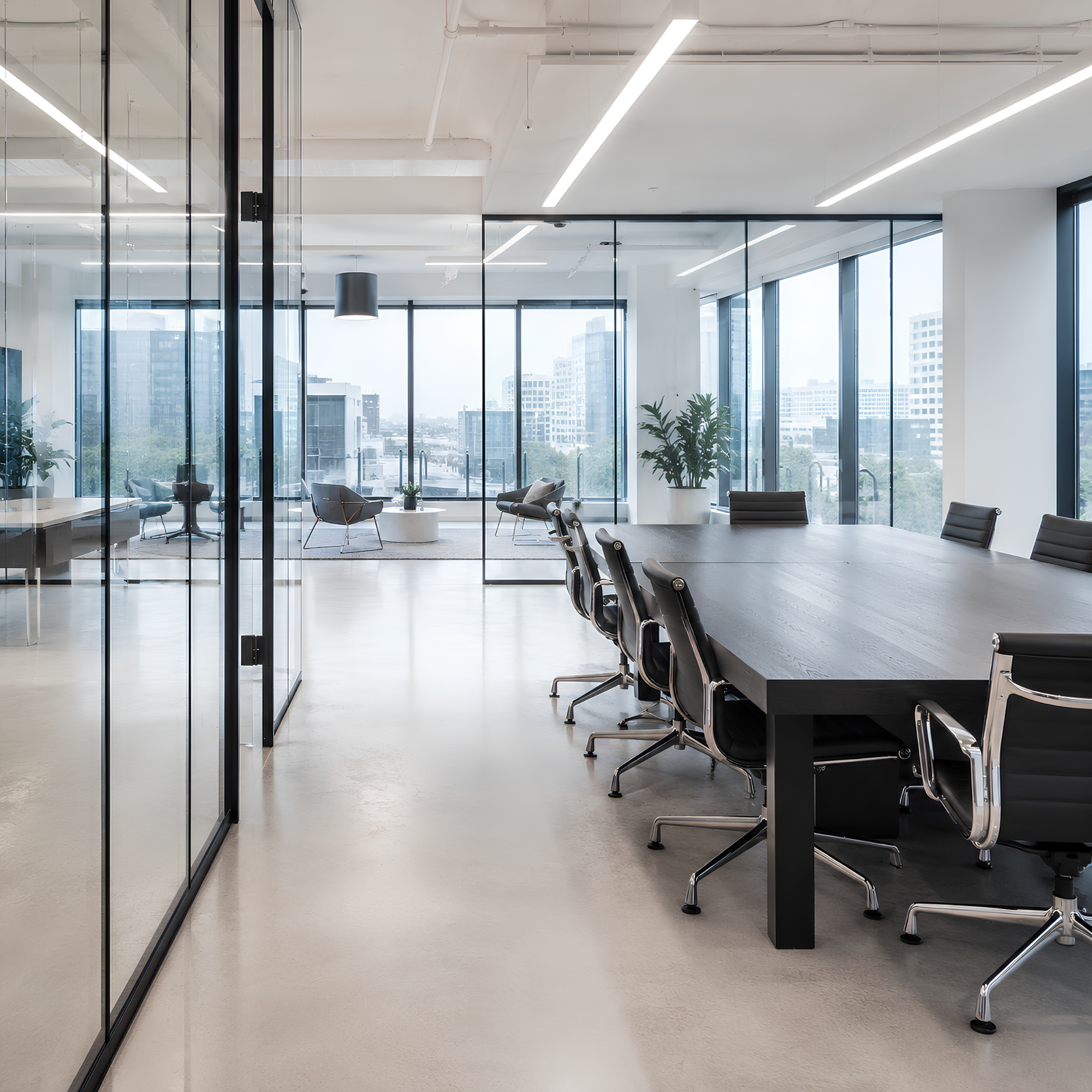 Modern office workspace with large glass windows showing city buildings, a long conference table with black chairs, potted plants, and overhead lighting fixtures.
