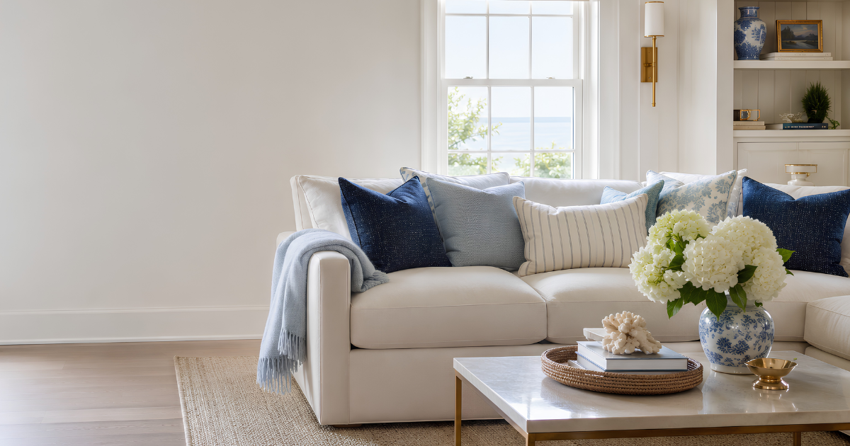 Living room with a white sofa, blue and striped throw pillows, a vase of white hydrangeas on a coffee table, and a large window with a view of trees and water.