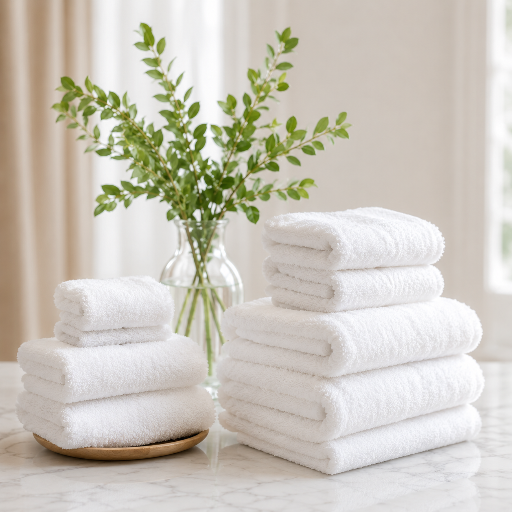 Stacked white towels on a marble surface with a glass vase holding green leafy branches in the background.