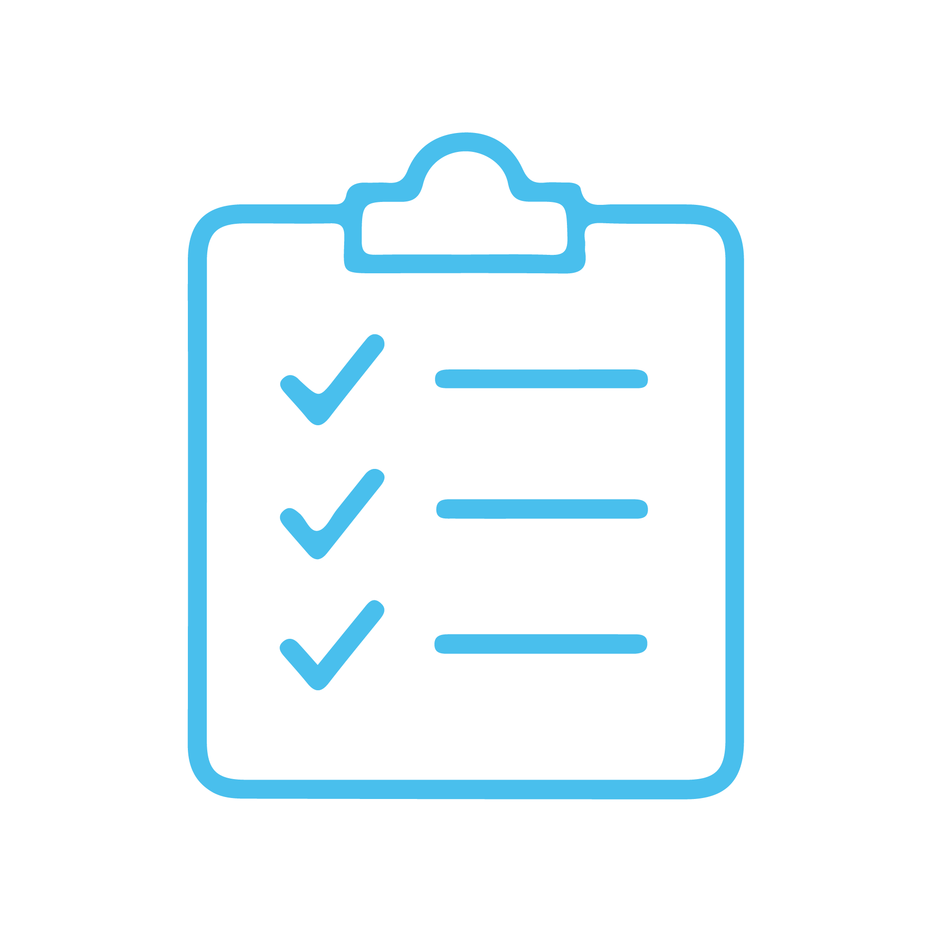 Line drawing of a clipboard with checkmarks on a sheet of paper, enclosed within a circle.