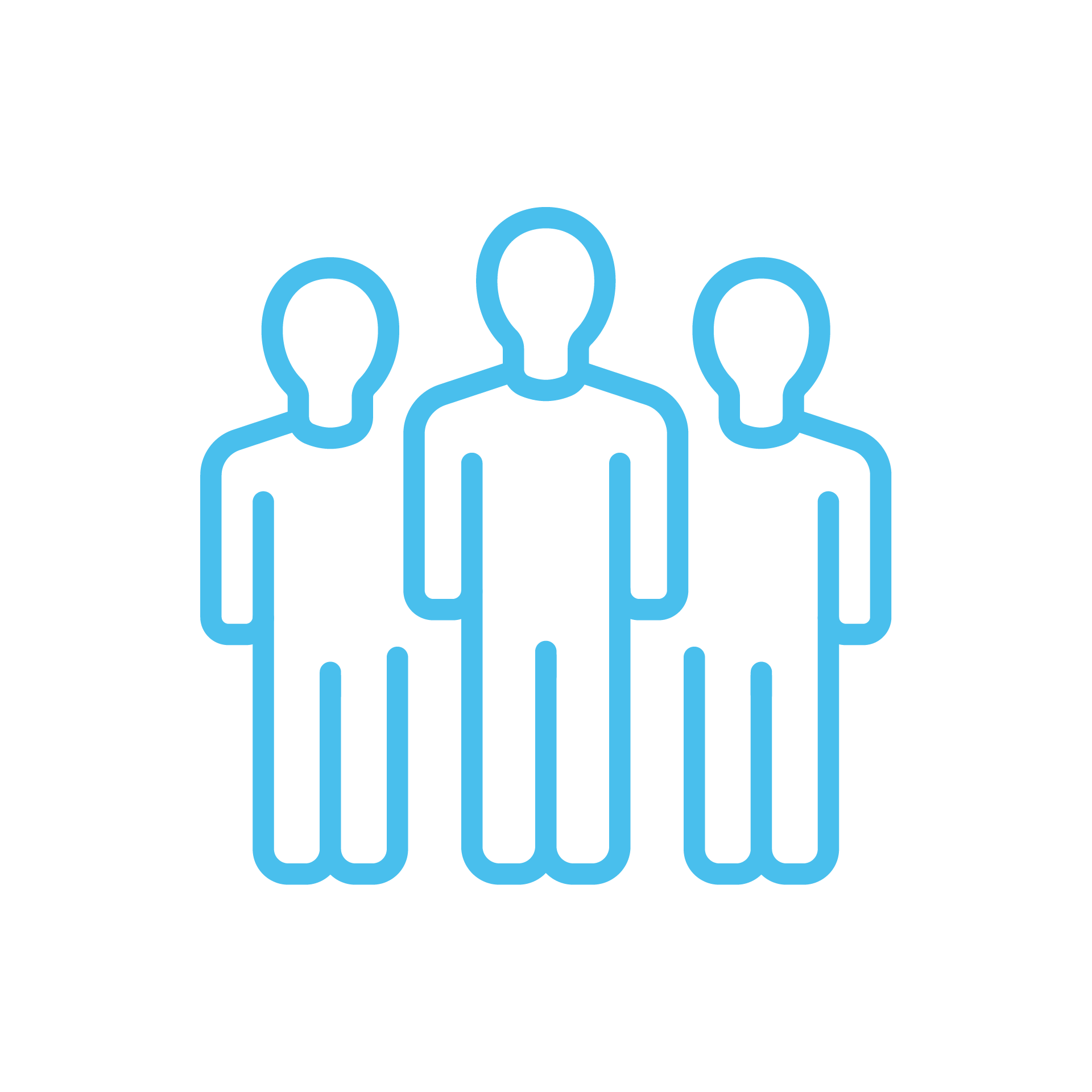 A minimalist icon of three human figures outlined in light blue, representing a group or community within a rounded shape on a black background.
