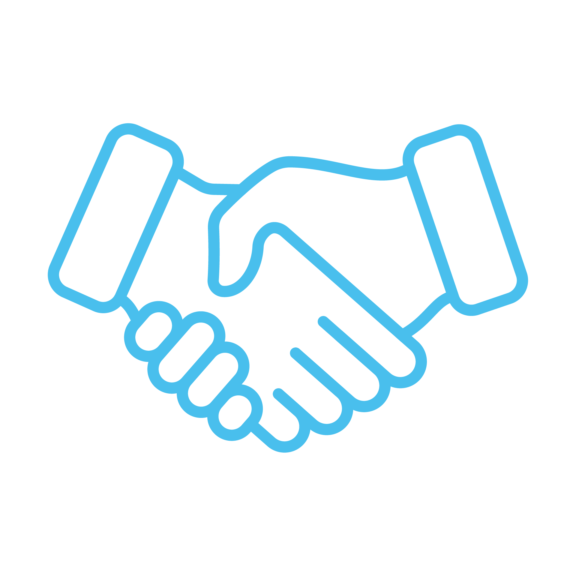 Illustration of a handshake in blue outline format.