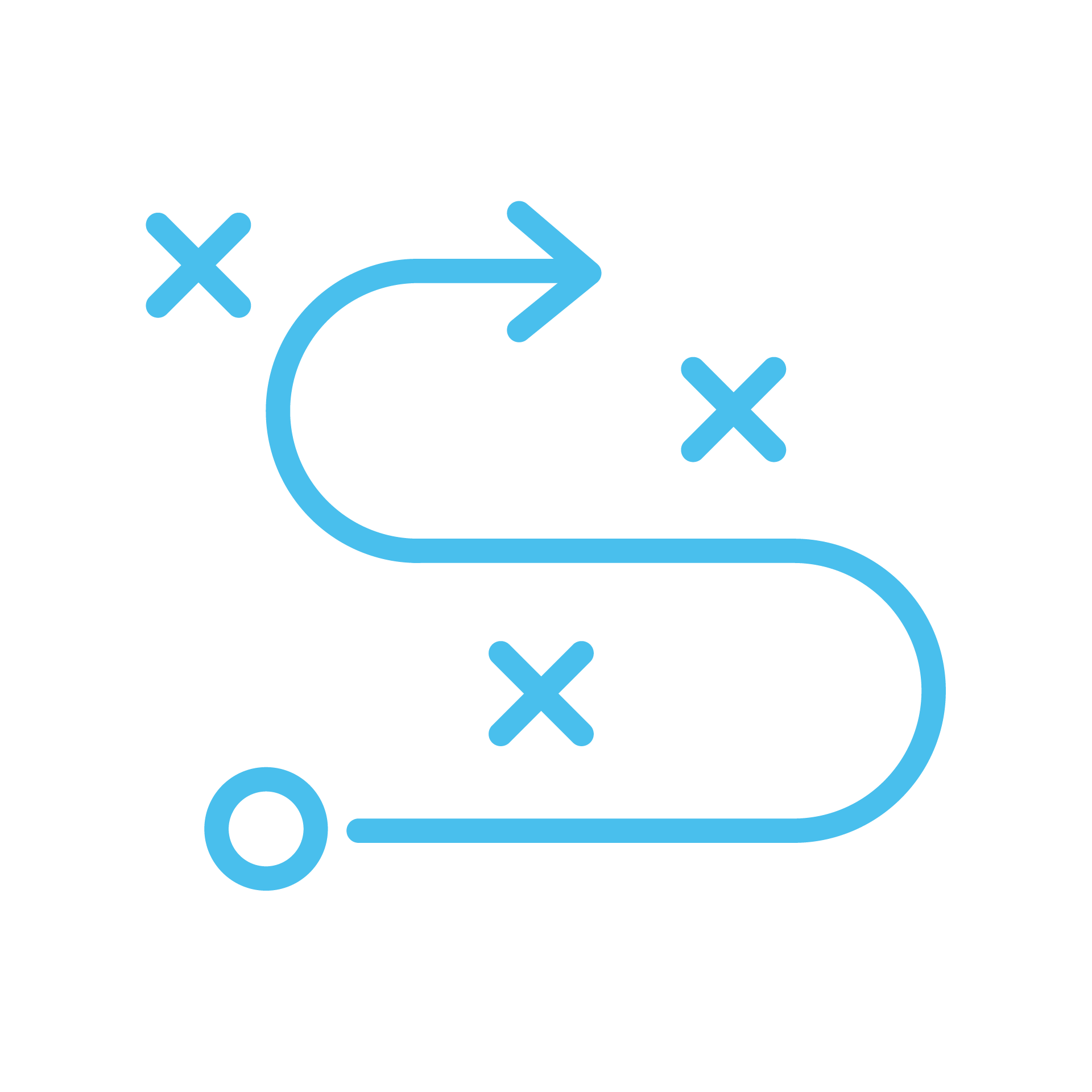 Diagram of a volleyball play strategy with a blue curved path and X's marking positions.
