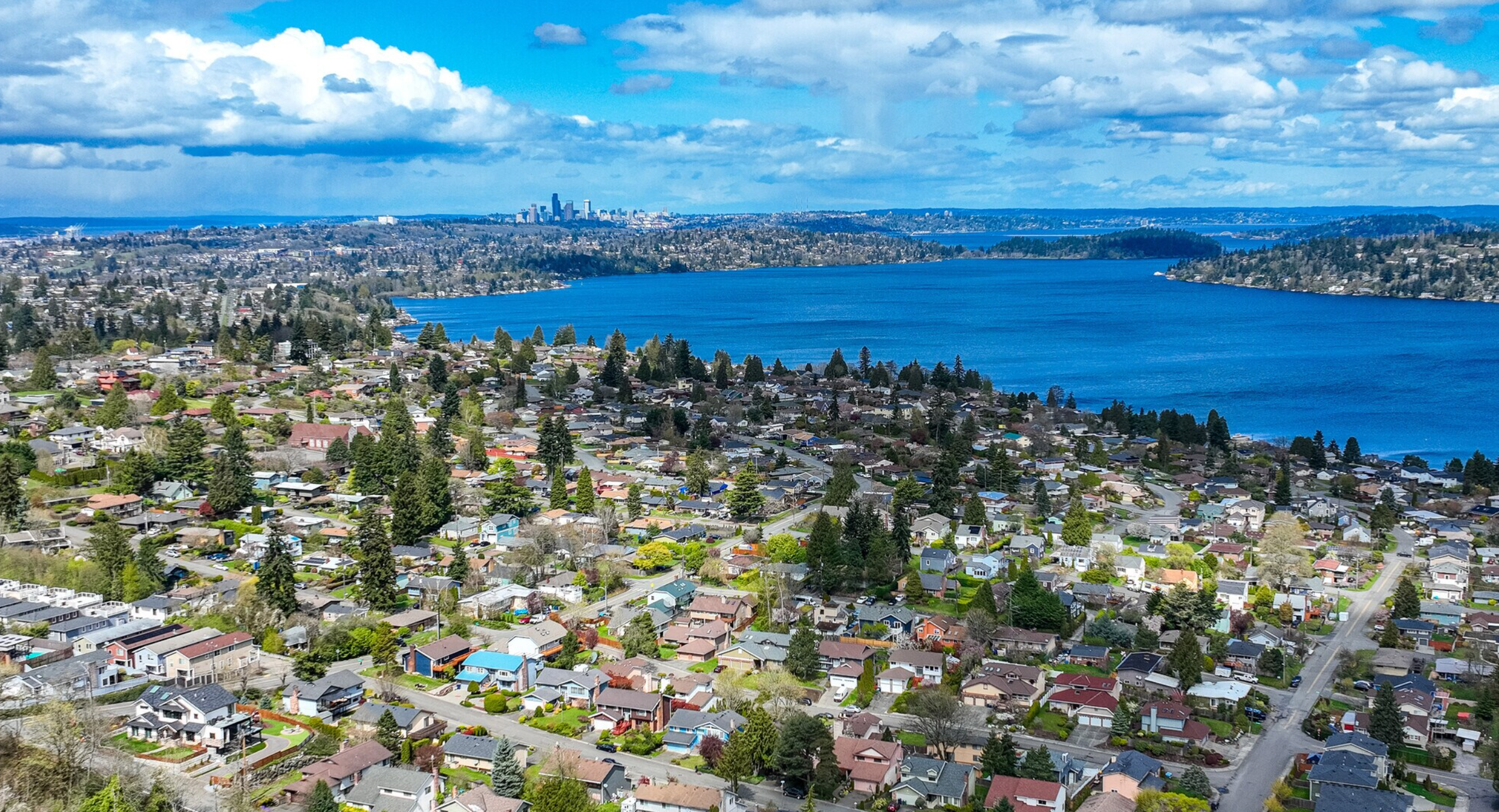 Aerial view of residential neighborhoods and Lake Washington in Renton, Washington.