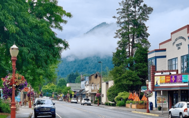 Historic downtown Issaquah, Washington, with views of the Cascade foothills.