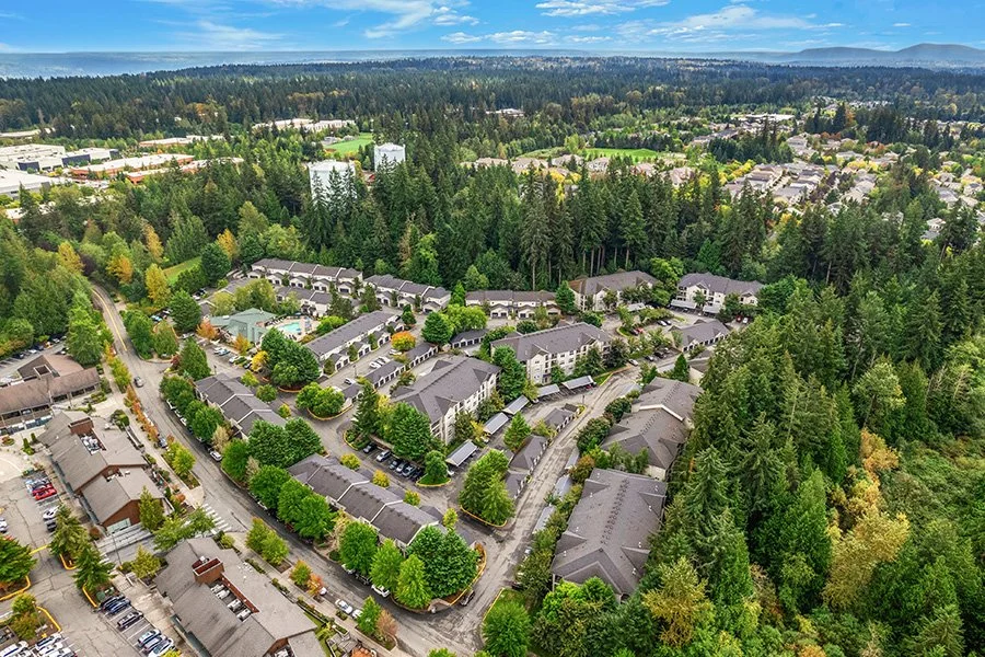 Aerial view of residential neighborhoods surrounded by evergreen trees in Redmond, Washington.