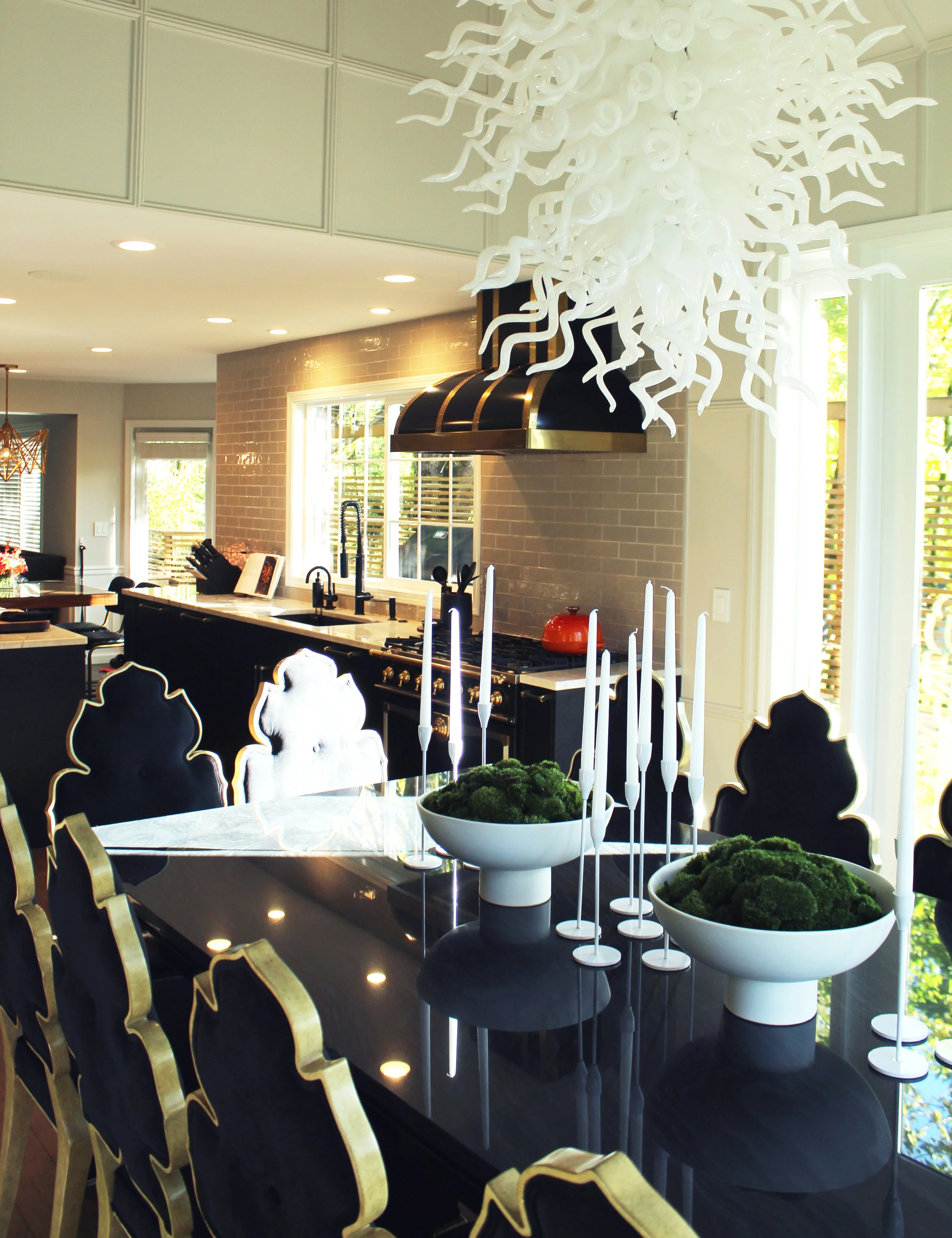 Custom dining room chandelier installation completed by F&M Construction & Remodeling in Kirkland, WA, featuring luxury lighting fixtures and premium residential remodeling throughout Bellevue, Seattle, and the Eastside.