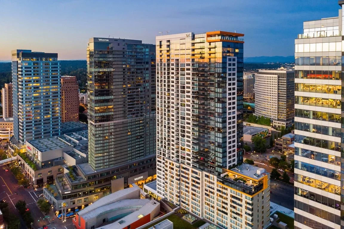 Aerial view of downtown Bellevue's business district featuring luxury high-rise buildings and urban development.