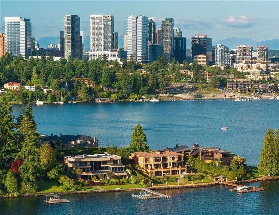 Luxury waterfront estates along Lake Washington in Medina, Washington.