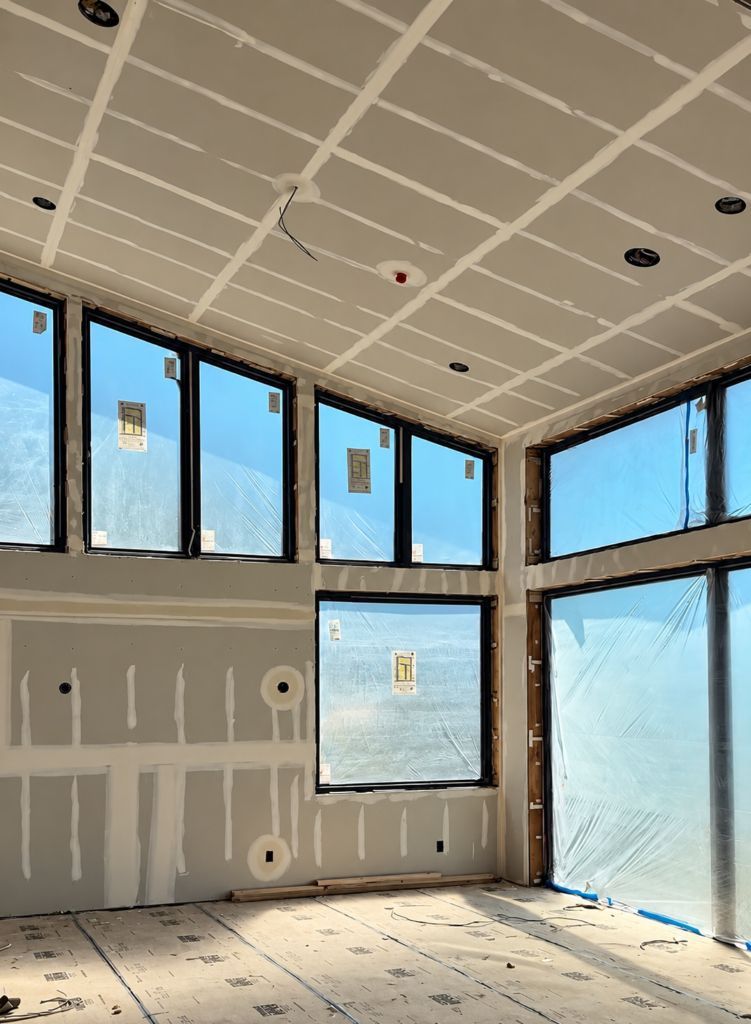 Interior of a room under construction with drywall and large windows, some covered with plastic.