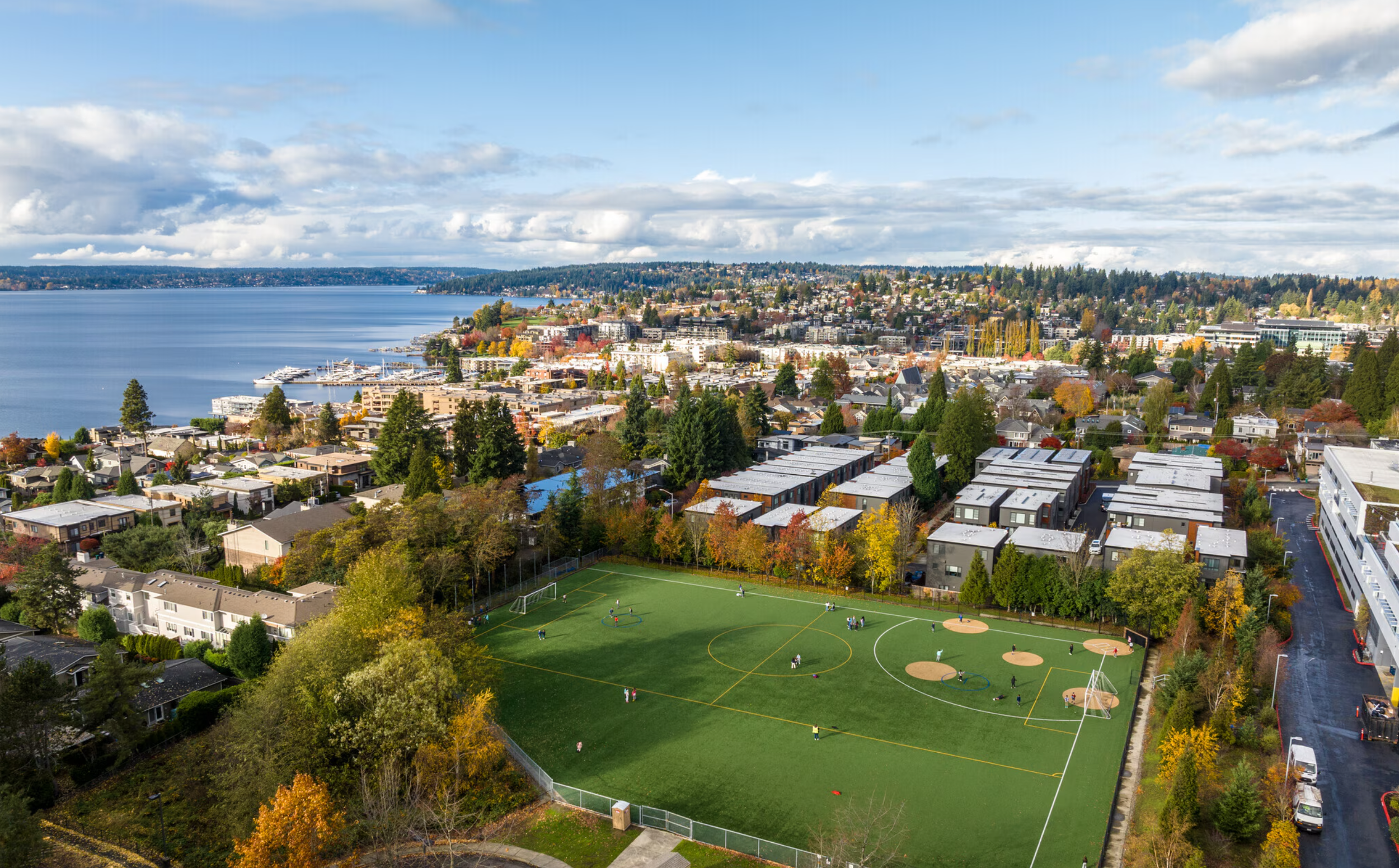 Aerial view of a school and surrounding neighborhood in Kirkland, Washington.