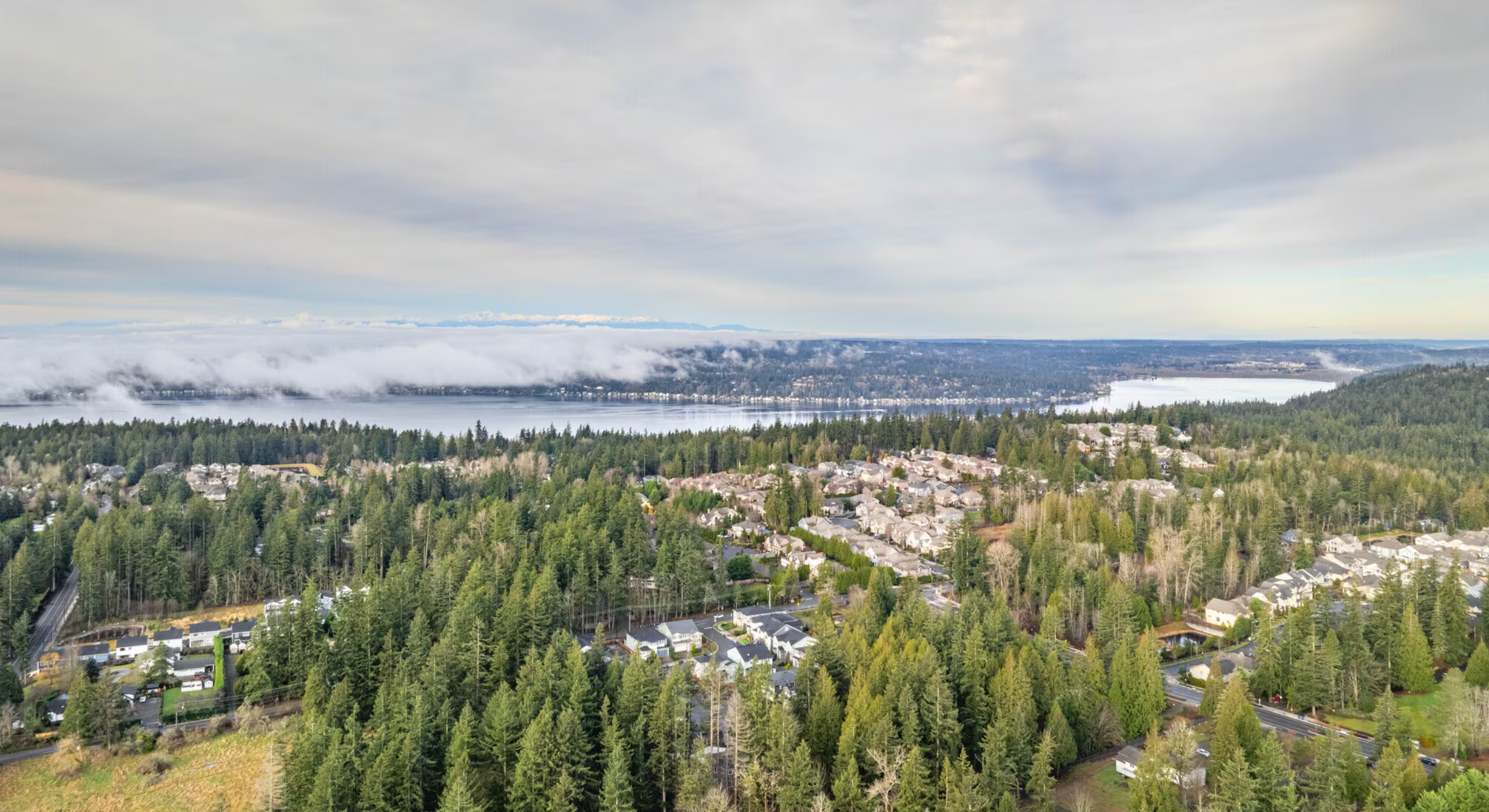 Aerial view of residential neighborhoods overlooking Lake Sammamish in Sammamish, Washington.